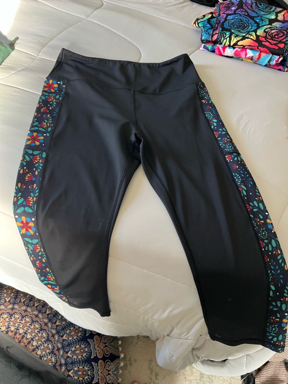 Women's Black Leggings with Colorful Floral Side Panels